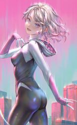 Rule 34 | 1girl, ass, blonde hair, blue eyes, bodysuit, breasts, building, city, colored tips, floating hair, from side, gradient sky, grin, gwen stacy, hand up, highres, hood, hood down, hooded bodysuit, lips, looking at viewer, looking to the side, marvel, multicolored hair, pink hair, short hair, sky, small breasts, smile, solo, spider-gwen, spider-man: across the spider-verse, spider-man: into the spider-verse, spider-man (series), spider-verse, spider web print, streaked hair, tamaki (tamaki599)