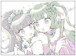 Rule 34 | 2girls, :d, bare shoulders, blue eyes, blunt bangs, braid, commentary request, crown, face-to-face, folded fan, folding fan, green hair, hanazono shuka, hand fan, hand up, holding, holding fan, idol time pripara, long hair, multiple girls, nanafushi sodatsu, open mouth, pale color, ponytail, pretty series, pripara, purple eyes, purple hair, simple background, smile, tsukikawa chili, two side up, white background