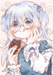 Rule 34 | 1girl, alternate costume, bad id, bad twitter id, bespectacled, blue eyes, blue hair, blue nails, crumbs, dokkun0818, doughnut, flower, food, gawr gura, glasses, hand on own cheek, hand on own face, holding, holding food, hololive, hololive english, licking lips, looking down, medium hair, multicolored hair, nail polish, silver hair, solo, streaked hair, tongue, tongue out, two side up, virtual youtuber