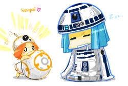 Rule 34 | +++, 1boy, 1girl, = =, animification, ball, bb-8, blue hair, blush stickers, chibi, dress, drooling, gapangman, heart, o o, orange hair, parody, personification, r2-d2, revision, robot, romaji text, saliva, science fiction, simple background, sleeping, spoilers, star wars, star wars: the force awakens, zzz