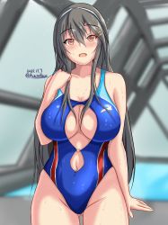 Rule 34 | 1girl, bare shoulders, black hair, blush, breasts, brown eyes, cleavage, cleavage cutout, clothing cutout, collarbone, competition swimsuit, dated, hair ornament, hairclip, haruna (kancolle), headband, highres, kantai collection, long hair, montemasa, navel, one-piece swimsuit, open mouth, pool, rei no pool, stomach cutout, swimsuit, twitter username, wet, wet clothes, wet swimsuit