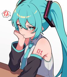 Rule 34 | 1girl, anger vein, aqua eyes, aqua hair, aqua necktie, bare shoulders, bright pupils, character name, commentary, detached sleeves, grey shirt, hair ornament, hand on own chin, hatsune miku, head rest, highres, kumada gaon, long hair, looking at viewer, necktie, pout, shirt, shoulder tattoo, sleeveless, sleeveless shirt, solo, spoken anger vein, tattoo, twintails, upper body, very long hair, vocaloid, white background, white pupils