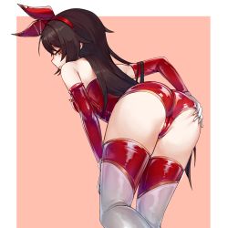 Rule 34 | 1girl, absurdres, amber (genshin impact), ass, ass grab, bare shoulders, bent over, bippew, black hair, blush, boots, breasts, brown eyes, brown hair, cameltoe, elbow gloves, from behind, genshin impact, gloves, hair between eyes, hairband, highres, leotard, long hair, looking at viewer, looking back, medium breasts, partially visible vulva, red gloves, red hairband, red leotard, red ribbon, ribbon, smile, solo, thigh boots, thighhighs, thighs