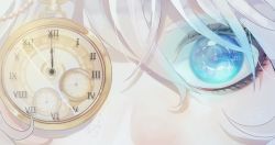 Rule 34 | 1girl, blue eyes, clock hands, dated, eye focus, eye reflection, eyebrows, eyelashes, face, glowing, hair between eyes, izayoi sakuya, looking at viewer, lummy (merry dial), one eye covered, pocket watch, reflection, roman numeral, signature, silver hair, solo, symbol-shaped pupils, touhou, watch