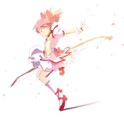 Rule 34 | 10s, 1girl, bad id, bad pixiv id, bow, bow (weapon), bubble skirt, closed eyes, dress, gloves, hair bow, kaname madoka, leg up, magical girl, mahou shoujo madoka magica, mahou shoujo madoka magica (anime), pink hair, short hair, short twintails, skirt, solo, twintails, ume (plumblossom), weapon