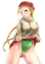 1girl, absurdres, beige sweater, beret, blonde hair, braid, bro.you-yan, cammy white, covered navel, cowboy shot, green eyes, green leotard, hat, highleg, highleg leotard, highres, leotard, leotard under clothes, lifted by self, long hair, open mouth, red headwear, red skirt, ribbed sweater, simple background, skirt, skirt lift, solo, street fighter, street fighter v, sweater, twin braids, white background