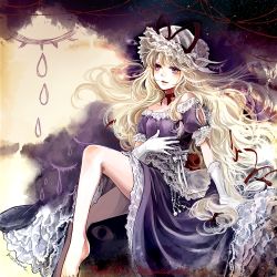 Rule 34 | 1girl, album cover, artist name, bare legs, bare shoulders, barefoot, beads, blonde hair, blush, bow, breasts, choker, commentary request, cover, dress, eyelashes, floating hair, gap (touhou), gloves, hair bow, hat, hat ribbon, jewelry, knee up, lace, lace-trimmed dress, lace-trimmed sleeves, lace trim, light particles, long hair, looking at viewer, looking away, mob cap, mochinue, off-shoulder dress, off shoulder, parasol, parted lips, puffy short sleeves, puffy sleeves, purple dress, purple eyes, red bow, red ribbon, ribbon, ribbon choker, sash, see-through, short sleeves, sitting, small breasts, solo, string, teardrop, touhou, umbrella, very long hair, wavy hair, white bow, white gloves, white ribbon, yakumo yukari