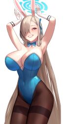 Rule 34 | 1girl, absurdres, animal ears, armpits, arms up, asuna (blue archive), asuna (bunny) (blue archive), bare shoulders, blue archive, blue eyes, blue leotard, bow, bowtie, breasts, brown hair, brown pantyhose, bumblog, cleavage, commission, covered navel, cowboy shot, detached collar, fake animal ears, gloves, grin, hair over one eye, hair ribbon, hairband, halo, highleg, highleg leotard, highres, large breasts, leotard, long hair, looking up, mole, mole on breast, official alternate costume, pantyhose, playboy bunny, rabbit ears, rabbit pose, ribbon, simple background, smile, solo, standing, strapless, strapless leotard, thighband pantyhose, very long hair, white background, white gloves, white hairband