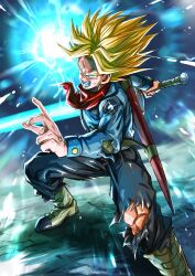 Rule 34 | angry, blonde hair, dragon ball, dragon ball super, energy, energy sword, fighting stance, genki dama, green eyes, highres, looking at viewer, muscular, muscular male, serious, spiked hair, super saiyan rage, sword, sword of hope, tagme, trunks (dragon ball), trunks (future) (dragon ball), weapon