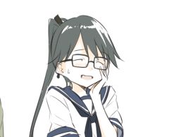 Rule 34 | 1girl, bespectacled, black hair, cosplay, fubuki (kancolle), fubuki (kancolle) (cosplay), glasses, houshou (kancolle), kantai collection, kawashina (momen silicon), long hair, personification, ponytail, portrait, simple background, smile, solo, white background