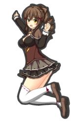 Rule 34 | 1girl, :d, arms up, blush, bow, breasts, brown bow, brown footwear, brown hair, brown skirt, cleavage, clenched hand, drill hair, flower knight girl, full body, hair bow, holly (flower knight girl), jumping, looking at viewer, lowres, medium breasts, mun (gunma), open mouth, pleated skirt, skirt, smile, solo, thighhighs, white thighhighs