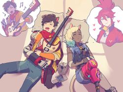 Rule 34 | 1d1ot, 808 (hi-fi rush), animal ears, blonde hair, brown hair, camera, cat, cat ears, cat tail, chai (hi-fi rush), colored tips, dog ears, dog tail, dreaming, drooling, electric guitar, guitar, heart, hi-fi rush, highres, instrument, korsica (hi-fi rush), mechanical arms, multicolored hair, music, open mouth, peppermint (hi-fi rush), photo (object), pillow, playing instrument, prosthesis, prosthetic leg, red hair, scarf, short shorts, shorts, single mechanical arm, sleeping, smile, tail, thought bubble, torn clothes, torn sleeves