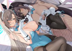 Rule 34 | 2girls, alternate costume, animal ears, asuna (blue archive), asuna (bunny) (blue archive), black hair, black leotard, blonde hair, blue archive, blue eyes, blush, bow, bowtie, breasts, cleavage, curvy, dark-skinned female, dark skin, detached collar, fake animal ears, fishnet legwear, fishnets, grabbing, grabbing another&#039;s breast, hair between eyes, hair ornament, hair over one eye, heart, heart hands, highleg, highleg leotard, highres, huge breasts, karin (blue archive), karin (bunny) (blue archive), large breasts, leotard, long hair, looking at viewer, multiple girls, number tattoo, official alternate costume, pantyhose, playboy bunny, rabbit ears, rabbit tail, smile, tail, tattoo, togo (korlsj1235), traditional bowtie, very long hair, wide hips, yellow eyes