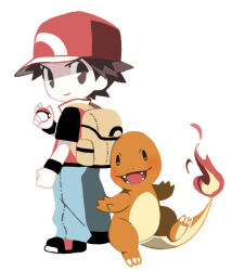 Rule 34 | 1boy, backpack, bag, black footwear, black shirt, black wristband, brown eyes, charmander, closed mouth, commentary request, creatures (company), game freak, gen 1 pokemon, hat, holding, holding poke ball, male focus, milkpeachi, nintendo, pants, poke ball, poke ball (basic), pokemon, pokemon (creature), pokemon frlg, red (pokemon), red hat, red vest, shirt, shoes, short sleeves, smile, standing, stitches, vest, yellow bag