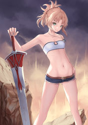 Rule 34 | 1girl, absurdres, armpits, bandeau, bare legs, belt, blonde hair, braid, breasts, clarent (fate), cloud, cloudy sky, commentary request, cutoffs, denim, denim shorts, fate/grand order, fate (series), feet out of frame, french braid, green eyes, hair ornament, hair scrunchie, halterneck, highres, micro shorts, mordred (fate), mordred (fate/apocrypha), mordred (memories at trifas) (fate), navel, nekobell, outdoors, ponytail, red scrunchie, rock, scrunchie, short shorts, shorts, sky, small breasts, smile, solo, thighs