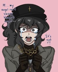 Rule 34 | black hair, coat, cross, cross necklace, crying, crying with eyes open, english text, grey coat, grey eyes, grey shirt, hat, highres, jewelry, lifeweb, meme, military uniform, morgan cross, necklace, non-web source, open mouth, peaked cap, ponytail, shirt, space station 13, tears, uniform