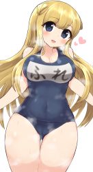 Rule 34 | 1girl, alternate costume, blonde hair, blue eyes, blue one-piece swimsuit, breasts, cowboy shot, double bun, fletcher (kancolle), gluteal fold, hair bun, highres, kantai collection, large breasts, long hair, looking at viewer, name tag, one-piece swimsuit, school swimsuit, simoyuki, simple background, smile, solo, steam, swimsuit, thigh gap, white background