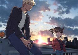Rule 34 | 2boys, ^ ^, amuro tooru, black jacket, black shirt, blonde hair, blue eyes, blue pants, brown hair, building, can, canned coffee, cardigan, casual, child, closed eyes, closed mouth, cloud, cloudy sky, commentary request, drink can, edogawa conan, evening, glasses, grey pants, grin, hair between eyes, hand in pocket, holding, holding can, jacket, k (gear labo), looking at another, male focus, meitantei conan, multiple boys, on railing, open clothes, open jacket, outdoors, pants, railing, red jacket, shirt, short hair, sitting, sky, smile, sun, sunset, teeth, white cardigan, wind