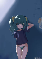 Rule 34 | 1girl, :&lt;, acfun, against wall, arm behind back, arm behind head, arm up, black choker, blue shirt, blunt bangs, blush, bow, chaowei suzhi, choker, cowboy shot, dark background, flat chest, frown, green eyes, green hair, green panties, hair bow, height mark, highres, looking at viewer, medium hair, panties, photo (object), reed girl, shirt, short eyebrows, short sleeves, sidelighting, solo, standing, string panties, striped clothes, striped panties, t-shirt, tile wall, tiles, twintails, underwear, weibo logo, weibo watermark, yellow bow