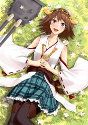 Rule 34 | 10s, 1girl, bad id, bad pixiv id, blue eyes, brown hair, detached sleeves, flower, frilled skirt, frills, grass, headgear, hiei (kancolle), kantai collection, lying, nontraditional miko, pantyhose, plaid, plaid skirt, ribbon-trimmed sleeves, ribbon trim, short hair, skirt, smile, solo, thighhighs, turret, usami (ym1989)