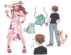 Rule 34 | 1boy, 1girl, :d, alternate costume, black shirt, black wristband, breasts, bright pupils, brown eyes, brown hair, bulbasaur, charmander, collarbone, commentary request, creatures (company), game freak, gen 1 pokemon, grey pants, hat, hat ribbon, leaf (pokemon), long hair, medium breasts, miyage no nukegara, multiple views, nintendo, open mouth, pants, pigeon-toed, pink ribbon, pokemon, pokemon (creature), pokemon frlg, purple footwear, red (pokemon), red headwear, ribbon, sarong, shirt, shoes, short hair, short sleeves, sidelocks, smile, squirtle, standing, starter pokemon trio, sun hat, t-shirt, teeth, toes, tongue, upper teeth only, white headwear, white pupils