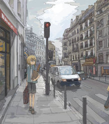 Rule 34 | 1girl, bag, blonde hair, building, car, city, cloud, crosswalk, day, green eyes, high ponytail, iris (material sniper), jacket, material sniper, motor vehicle, noji, outdoors, pavement, ponytail, road, shopping bag, short hair, short ponytail, shorts, sky, sleeves rolled up, solo, street, tommy (chou shindou boots), traffic light, van, vanishing point, vehicle, volkswagen, volkswagen transporter, volkswagen type 2 (transporter)