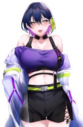 Rule 34 | 1girl, absurdres, bare shoulders, belt, black bra, black shorts, blue hair, blush, bra, breasts, bustier, cameltoe, choker, colored inner hair, cowboy shot, crop top, ear piercing, green belt, green ribbon, hair between eyes, hair ribbon, highres, jacket, large breasts, long sleeves, looking at viewer, midriff, multicolored hair, nijisanji, nose blush, off shoulder, official alternate costume, open clothes, open jacket, open mouth, piercing, pink hair, purple hair, purple shirt, ribbon, shirt, short hair, short shorts, shorts, simple background, smile, solo, standing, stomach, thigh gap, tongue, tongue out, tongue piercing, underwear, virtual youtuber, white background, yamagami karuta, yellow eyes, yuki maccha (yukimattya10)