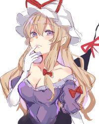 Rule 34 | 1girl, bare shoulders, blonde hair, blush, bow, breasts, cleavage, collarbone, commentary request, dress, gap (touhou), grin, hair between eyes, hair bow, hat, hat ribbon, large breasts, long hair, looking at viewer, mob cap, off-shoulder dress, off shoulder, paragasu (parags112), parted lips, puffy short sleeves, puffy sleeves, purple dress, purple eyes, red bow, red ribbon, ribbon, short sleeves, simple background, single sidelock, smile, solo, touhou, upper body, white background, white hat, yakumo yukari