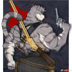 Rule 34 | 1boy, animal ears, ass, bara, beard, facial hair, from behind, furry, furry male, grey fur, gun, holding, holding gun, holding weapon, looking at viewer, male focus, mature male, muscular, muscular male, original, rifle, seductive smile, short hair, smile, solo, tail, thick eyebrows, tiger boy, tiger ears, tiger tail, tusks, weapon, weapon behind back, weisun (leoooliooon), white fur