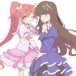 Rule 34 | 2girls, black bow, blue eyes, blush, bow, brown hair, commentary, dress, from side, hair bow, hair ornament, heart, heart hair ornament, kurosu aroma, long hair, looking at viewer, multiple girls, nojima minami, one eye closed, open hands, pink dress, pretty series, pripara, purple dress, red hair, shiratama mikan, smile, symbol-only commentary, very long hair, yellow eyes