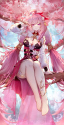 Rule 34 | 1girl, ahoge, anklet, bare legs, barefoot, branch, breasts, cherry blossoms, china dress, chinese clothes, cleavage, closed mouth, diamond-shaped pupils, diamond (shape), dress, elysia (herrscher of human:ego) (honkai impact), elysia (honkai impact), feet, flower, full body, hair flower, hair ornament, highres, honkai (series), honkai impact 3rd, in tree, jewelry, long hair, long sleeves, looking at viewer, medium breasts, official alternate costume, outdoors, pink eyes, pink hair, pointy ears, shuiyinzijun, sitting, sitting in tree, sky, smile, solo, symbol-shaped pupils, toes, tree, twintails, very long hair