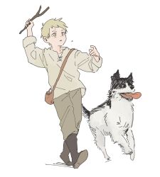 Rule 34 | 1boy, aged down, animal, arm up, bag, black footwear, boots, child, chinese commentary, dog, dungeon meshi, fetch, grey pants, grey shirt, highres, holding, holding stick, laios touden, long sleeves, looking ahead, loudun ff, open mouth, outstretched arm, pants, playing, running, shirt, shoe soles, shoulder bag, simple background, sketch, sleeves rolled up, stick, sweat, tongue, tongue out, walking, white background