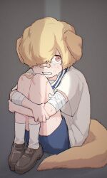 Rule 34 | 1boy, aged down, animal ears, bandages, blonde hair, brown eyes, child, crying, crying with eyes open, dog boy, dog ears, dog tail, donquixote rocinante, highres, looking at viewer, male focus, marine uniform (one piece), mm mofu uu, one piece, solo, tail, tears