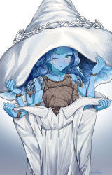 Rule 34 | 1girl, absurdres, blue eyes, blue hair, blue skin, blush, cloak, colored skin, cracked skin, dress, elden ring, extra arms, fur cloak, hat, hat ornament, highres, jewelry, joints, long hair, looking at viewer, one eye closed, ranni the witch, solo, undressing, vchan, witch, witch hat, wreath