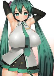 Rule 34 | 1girl, armpits, arms up, bad id, bad pixiv id, blush, breasts, covered erect nipples, detached sleeves, green eyes, green hair, hatsune miku, huge breasts, kumaneko, long hair, matching hair/eyes, necktie, skirt, solo, twintails, very long hair, vocaloid