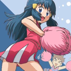 Rule 34 | alternate costume, awa, blue hair, brock (pokemon), cheerleader, creatures (company), dawn (pokemon), from below, game freak, lowres, nintendo, pokemon, pokemon (anime), pom pom (cheerleading)