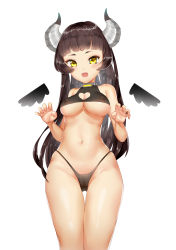 Rule 34 | 1girl, :d, absurdres, bare arms, bare shoulders, bikini, black bikini, black wings, breasts, brown hair, cleavage, cleavage cutout, clothing cutout, covered erect nipples, cowboy shot, crop top, demon horns, detached wings, eyebrows, fangs, heart cutout, highres, horns, illian-san, long hair, looking at viewer, medium breasts, navel, open mouth, original, simple background, smile, solo, standing, stomach, straight hair, swimsuit, thigh gap, thighs, underboob, very long hair, white background, wings, yellow eyes