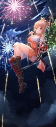 Rule 34 | 1girl, :q, aerial fireworks, asymmetrical legwear, bandaged arm, bandages, bare shoulders, black footwear, black socks, black thighhighs, blonde hair, blush, bow (weapon), brown eyes, chahei, closed mouth, cloud, collarbone, commentary request, fireworks, genshin impact, hand up, highres, holding, holding bow (weapon), holding weapon, japanese clothes, kimono, looking at viewer, night, night sky, off shoulder, orange kimono, outdoors, sarashi, single sock, single thighhigh, sky, smile, socks, solo, thighhighs, tongue, tongue out, v-shaped eyebrows, weapon, yoimiya (genshin impact)