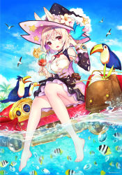 Rule 34 | 1girl, animal ears, barefoot, bird, black cat, black hat, blonde hair, breasts, cat, cleavage, cup, drinking glass, drinking straw, fantasy, hat, highres, holding, holding cup, holding drinking glass, hoshi wo mawaru majotachi, large breasts, looking at viewer, ocean, partially underwater shot, pierorabu, rabbit ears, red eyes, seagull, sitting, soaking feet, summer, toucan, underwater, witch hat