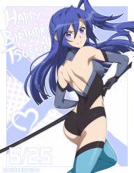 Rule 34 | 1girl, absurdres, ass, bare shoulders, blue hair, chuunioniika, elbow gloves, fighting stance, from behind, gloves, highres, katana, kazanari tsubasa, leotard, long hair, looking at viewer, looking back, parted lips, ponytail, purple eyes, ready to draw, senki zesshou symphogear, sheath, sheathed, shiny skin, smile, solo, sword, thighhighs, weapon