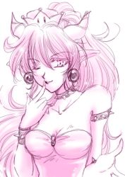 Rule 34 | 1girl, armlet, artist request, bowsette, bracelet, breasts, cleavage, collar, collarbone, crown, earrings, horns, jewelry, mario (series), medium breasts, monochrome, nintendo, pink theme, pointy ears, ponytail, simple background, sketch, solo, spiked armlet, spiked bracelet, spikes, super crown, white background