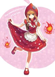 Rule 34 | 1girl, absurdres, alternate costume, alternate hair color, alternate hairstyle, annie (league of legends), apple, apron, backpack, bag, blonde hair, blunt bangs, buttons, closed mouth, clothes lift, dress, dress lift, english text, fireball, flat chest, food, fruit, full body, green eyes, highres, hood, hoodie, kamome yuu, lace, league of legends, leg lift, leg up, lifting own clothes, light smile, little red riding hood, looking at viewer, mary janes, no socks, orange hair, outline, puffy short sleeves, puffy sleeves, purple background, red dress, red riding annie, shoes, short hair, short sleeves, sidelocks, smile, solo, standing, standing on one leg, waist apron