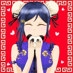 Rule 34 | 1girl, alternate hairstyle, artist name, artist request, bare shoulders, black ribbon, blue hair, blush, breasts, china dress, chinese clothes, close-up, closed eyes, double bun, dress, female focus, floral print, flower print, hair between eyes, hair bun, heart, highres, holding, long hair, looking at viewer, love live!, love live! school idol festival, love live! sunshine!!, matsuura kanan, medium breasts, parted lips, red background, ribbon, short sleeves, sleeveless, sleeveless dress, smile, solo, upper body