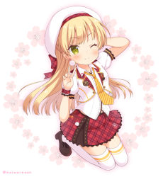 Rule 34 | 10s, 1girl, ;), arm behind head, arm up, beret, black footwear, blonde hair, blush, bow, breasts, cherry blossoms, closed mouth, collared shirt, commentary request, cropped jacket, earrings, emblem, floral background, frilled cuffs, frilled shirt, frills, full body, green eyes, hair bow, hat, heart, idolmaster, idolmaster cinderella girls, idolmaster cinderella girls starlight stage, jacket, jewelry, jougasaki rika, jumping, kaiware-san, legs together, loafers, long hair, looking at viewer, necktie, one eye closed, plaid, plaid bow, plaid skirt, puffy sleeves, red bow, red skirt, shirt, shoes, skirt, small breasts, smile, solo, striped necktie, striped neckwear, thighhighs, twitter username, v, white hat, white jacket, white shirt, white thighhighs, wing collar, wrist cuffs, zettai ryouiki