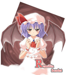 Rule 34 | 1girl, blue hair, exe (artist), female focus, hat, red eyes, remilia scarlet, solo, split mouth, touhou, white hat, wings, xe (execut3r)
