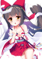 Rule 34 | 1girl, absurdres, animal ears, azur lane, backless outfit, bare legs, bare shoulders, black hair, blurry, blurry foreground, blush, bow, breasts, brown eyes, cherry blossoms, chestnut mouth, collarbone, commentary request, cowboy shot, detached sleeves, falling petals, floating hair, fox ears, gohei, hair bow, hakama, hakama short skirt, hakama skirt, harutsuki (azur lane), highres, holding, holding stick, japanese clothes, long hair, looking up, low-tied long hair, miko, miniskirt, mizuha mina, multicolored hair, nontraditional miko, obi, open mouth, petals, purple hair, red bow, red hakama, red skirt, ribbon, ribbon-trimmed sleeves, ribbon trim, rudder footwear, sash, shadow, shide, sidelocks, simple background, skirt, small breasts, solo, standing, stick, tabi, teeth, two-tone hair, upper teeth only, very long hair, white background, white legwear, white sleeves, wide sleeves