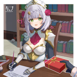 Rule 34 | 1girl, 1other, absurdres, armor, armored dress, ascot, black bodysuit, bodysuit, book, bookshelf, border, box, braid, breastplate, breasts, commentary request, crown braid, flower, gauntlets, genshin impact, green eyes, grey hair, highres, holding, holding box, indoors, kyanonpan50, looking at viewer, medium breasts, noelle (genshin impact), open mouth, outline, red ascot, red flower, red rose, rose, short hair, shoulder armor, sitting, smile, too many, too many books, upper body, white border, white outline, writing