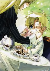 Rule 34 | 1boy, 1girl, absurdres, ada clover, ahoge, arc system works, blazblue, blazblue: calamity trigger, blonde hair, blue eyes, brother and sister, carl clover, cup, food, glasses, highres, official art, one eye closed, round eyewear, scan, siblings, table, tea, teacup, wink, wrist cuffs