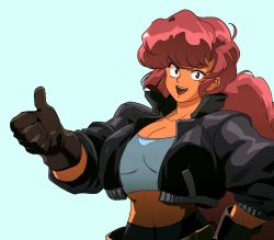 Rule 34 | 1990s (style), 1girl, belt, big hair, black jacket, breasts, brown gloves, cleavage, crop top, cropped jacket, dark-skinned female, dark skin, david liu, friendly mutton chops, gloves, hand on own hip, high-waist pants, jacket, large breasts, leather, leather jacket, long hair, looking at viewer, loose belt, low ponytail, maria (space maria), midriff, narrow waist, open mouth, pants, red eyes, red hair, retro artstyle, simple background, sleeves pushed up, smile, solo, space maria, thumbs up, very long hair
