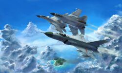 Rule 34 | absurdres, aircraft, airplane, chinese commentary, cloud, cloudy sky, fighter jet, ground effect, highres, impasto, island, j-15, j-8, jet, military vehicle, no humans, ocean, original, people&#039;s liberation army, people&#039;s liberation army air force, red star, scenery, sky, star (symbol), vehicle focus, zhannanren bu zhan